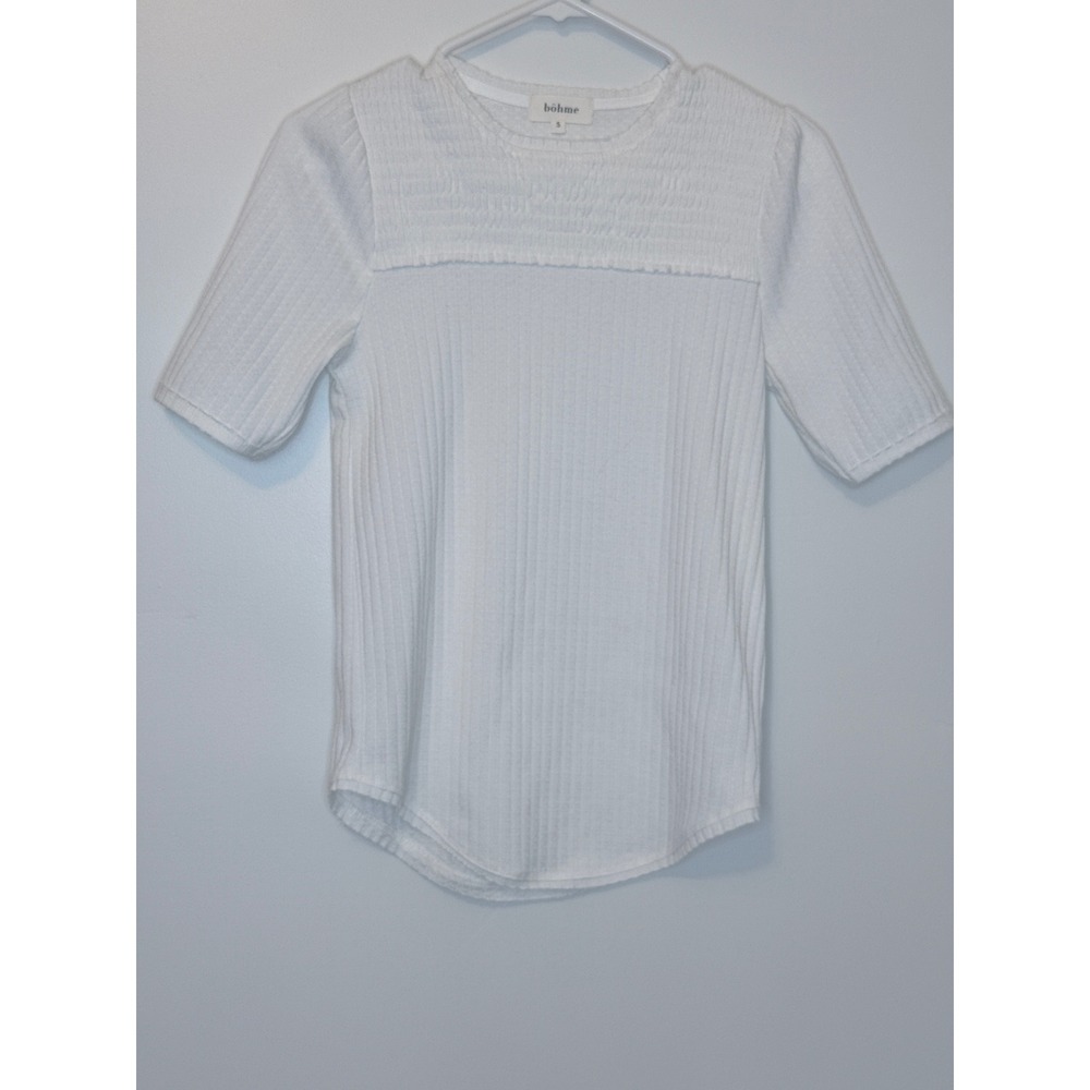 Bohme White Ribbed Smocked Yoke Short Sleeve Top Small